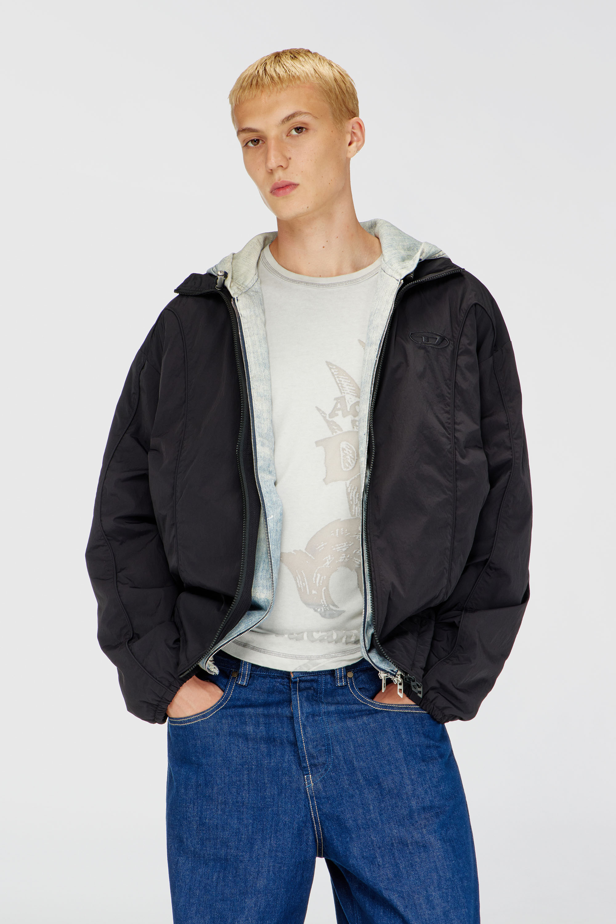 Diesel - J-FIVE-WRD-AKAD, Man's Crinkled-nylon jacket with piping in Black - 3