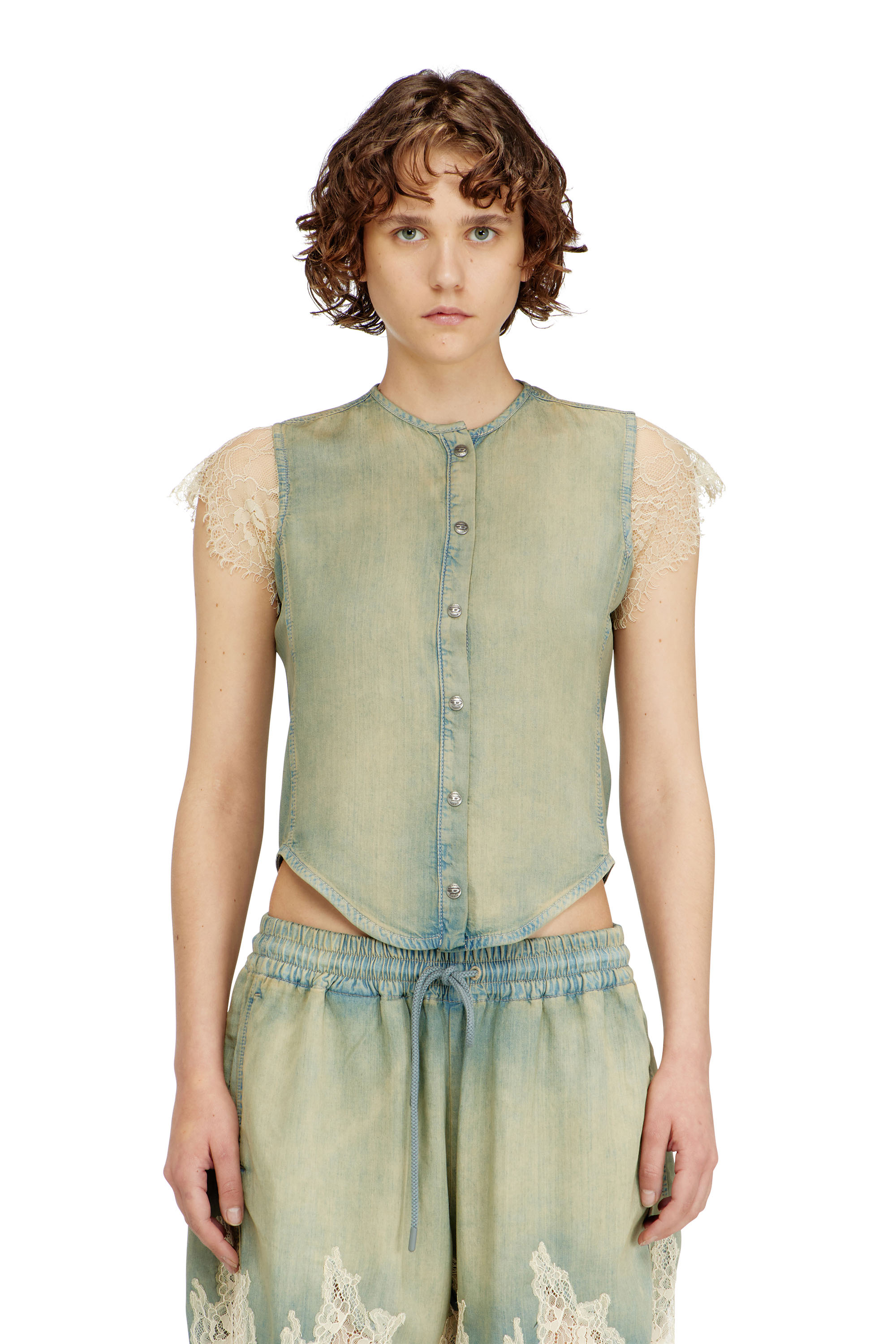 Diesel - DE-MALKA-S, Woman's Short-sleeve shirt in denim and lace in null - 1