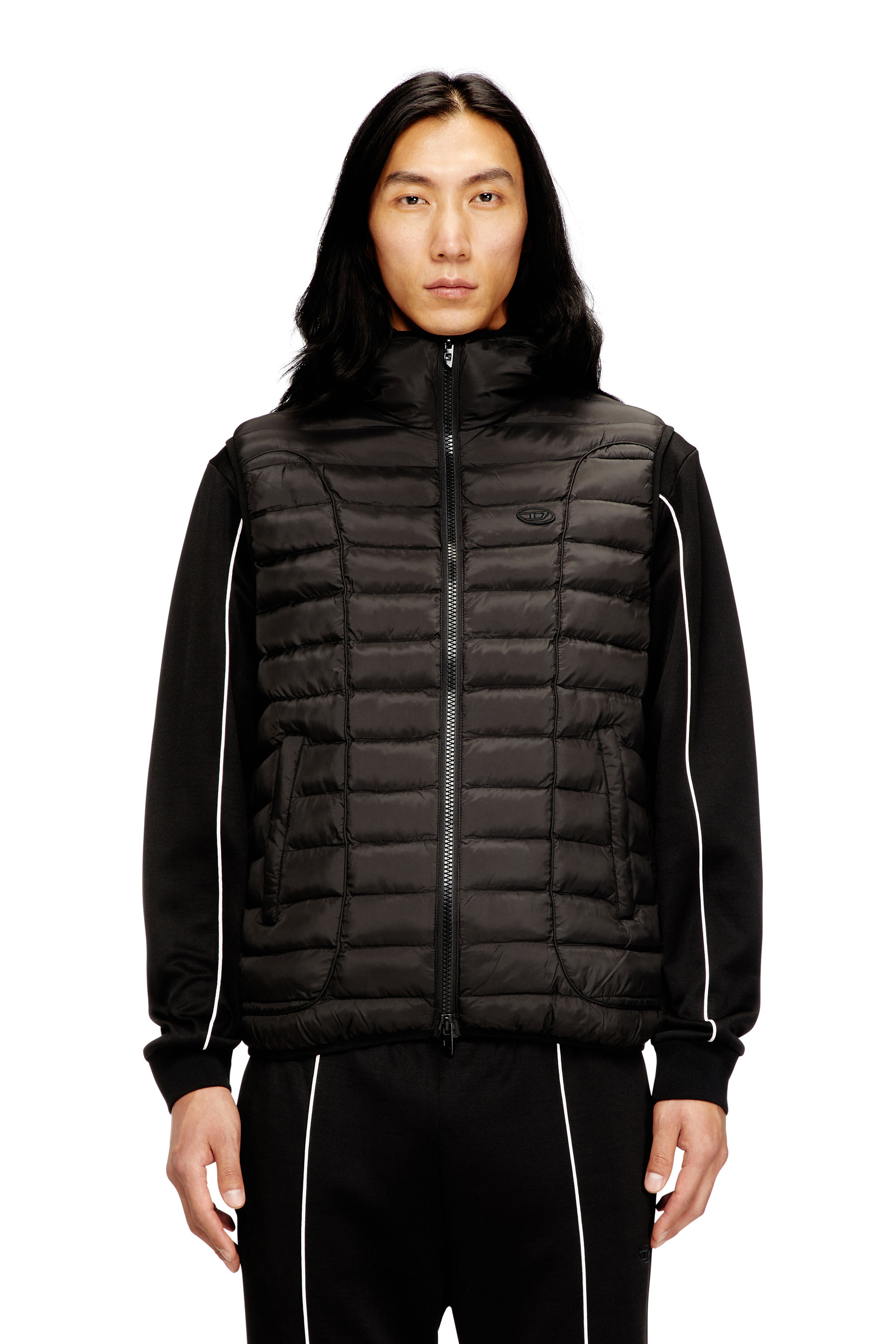 Diesel - W-TEMPLE, Man's Hooded puffer vest in light nylon in Black - 1