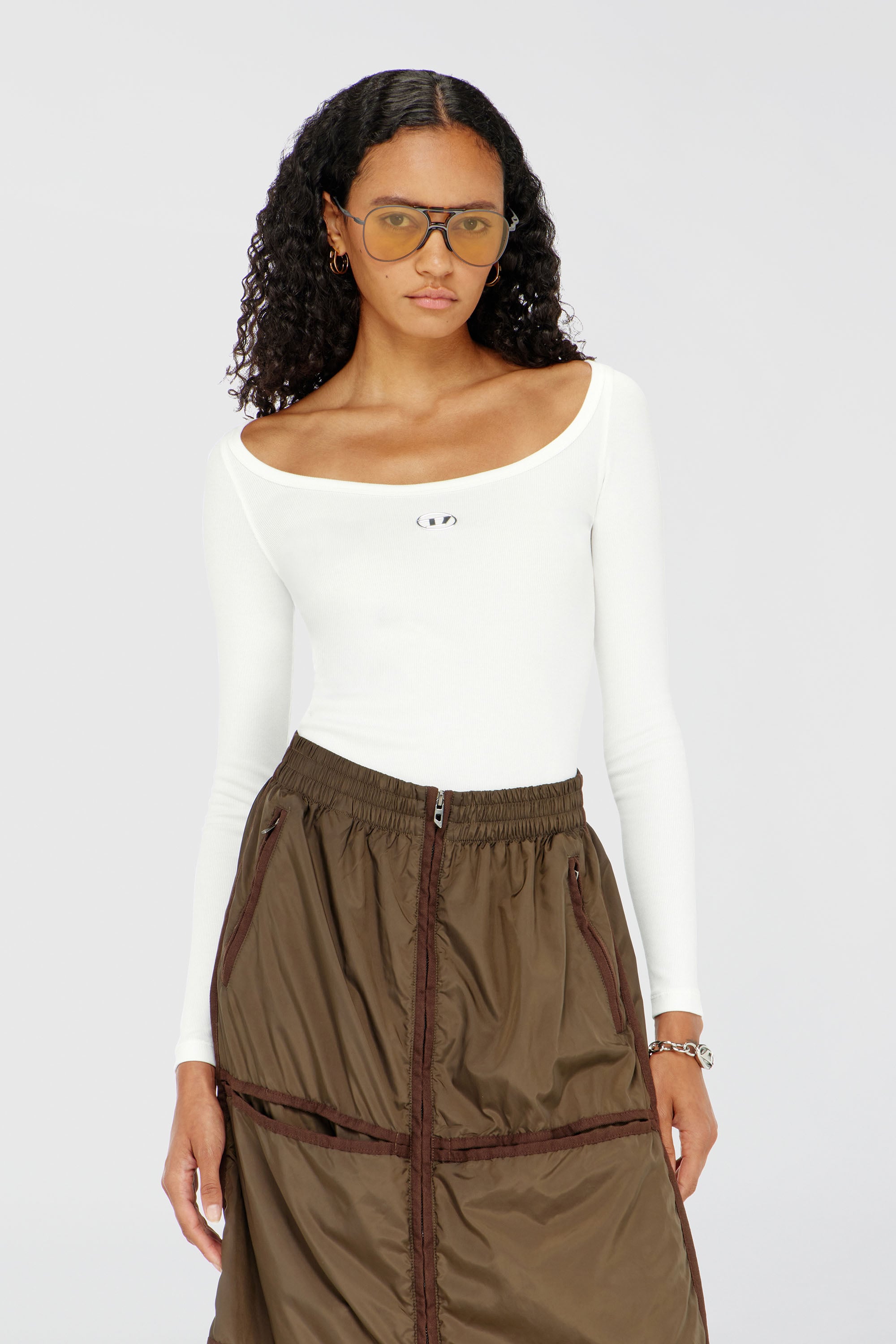 Diesel - T-BAL-OD, Woman's Long sleeve ribbed top with metallic Oval D in White - 1