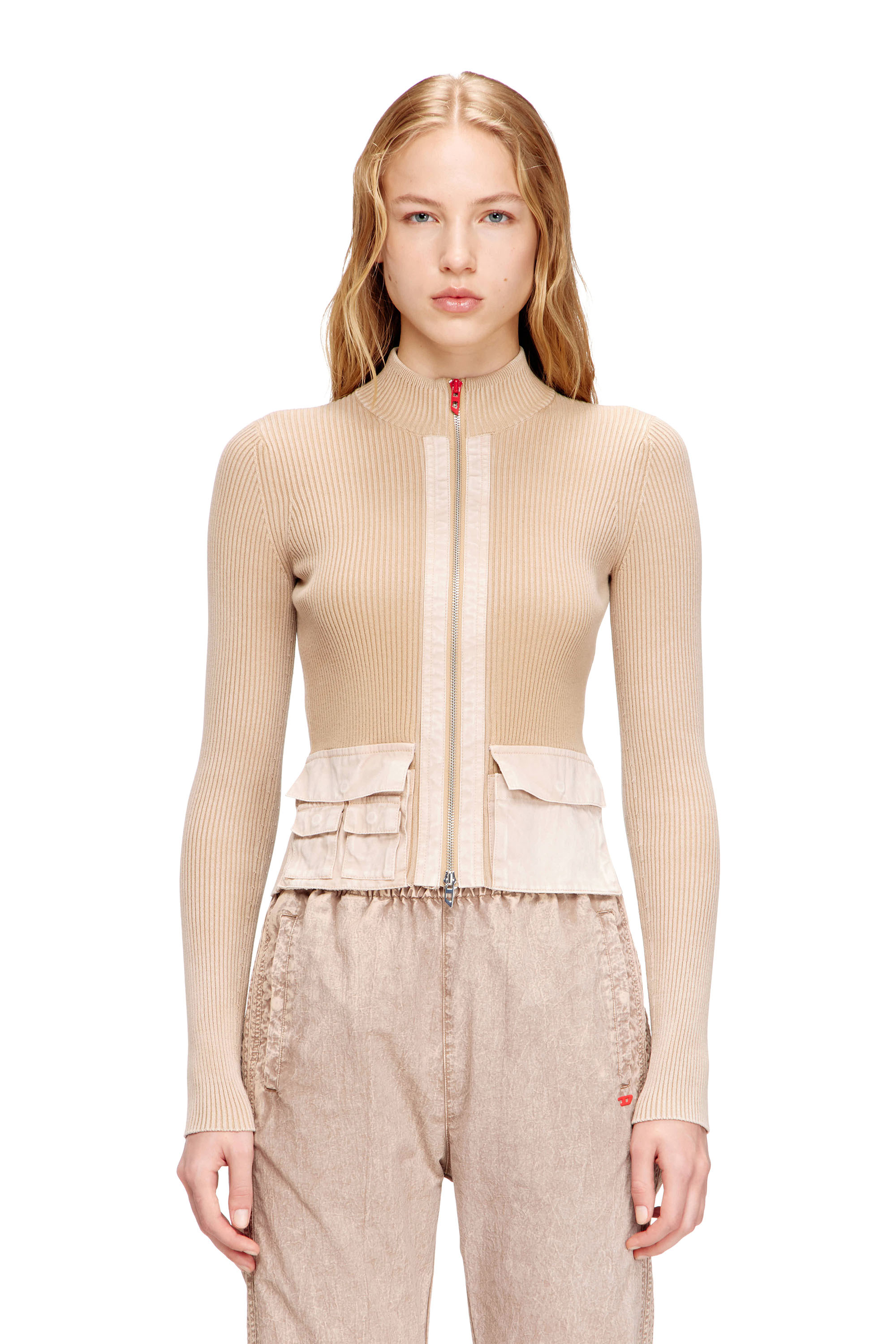 Diesel - M-MELISSA, Woman's Zip-up cardigan with denim cargo pockets in Beige - 3