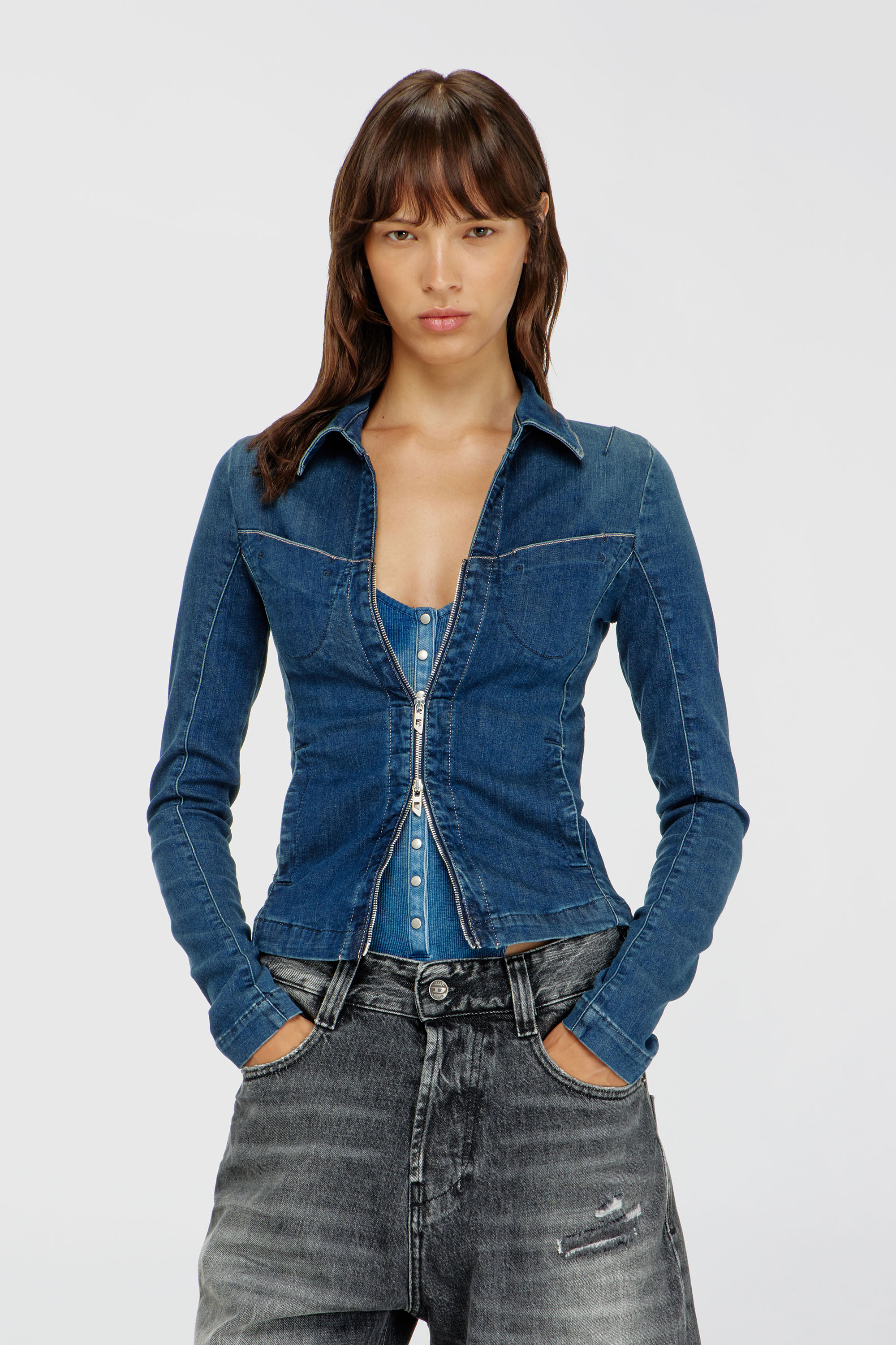 Diesel - DE-QUINOR-S1, Woman's Full-zip shirt in denim in Medium blue - 1