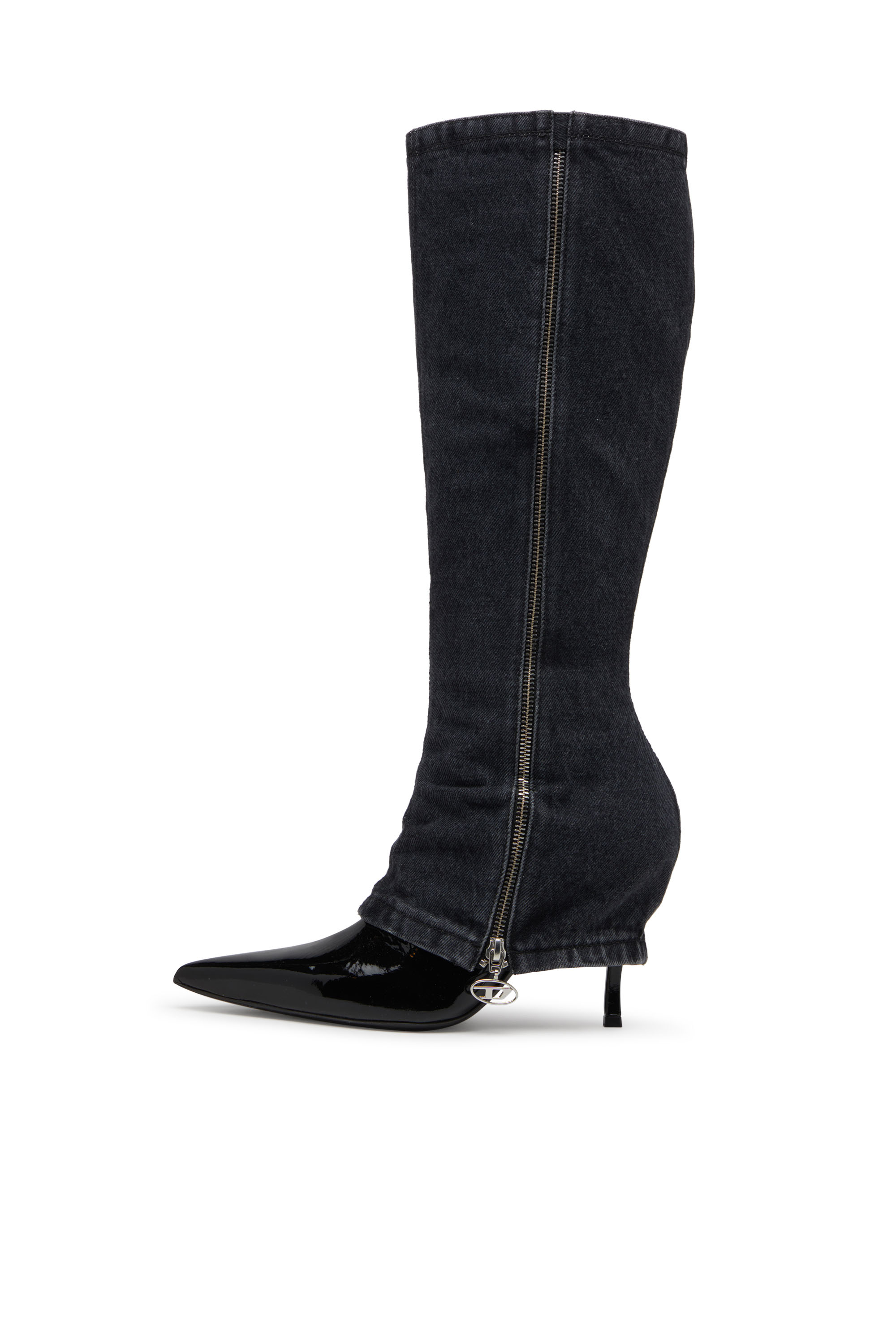 Diesel - D-VENUS TWISTED BOOT, Woman's D-Venus-Stiletto knee boots with jean trompe l'oeil in Black - 6