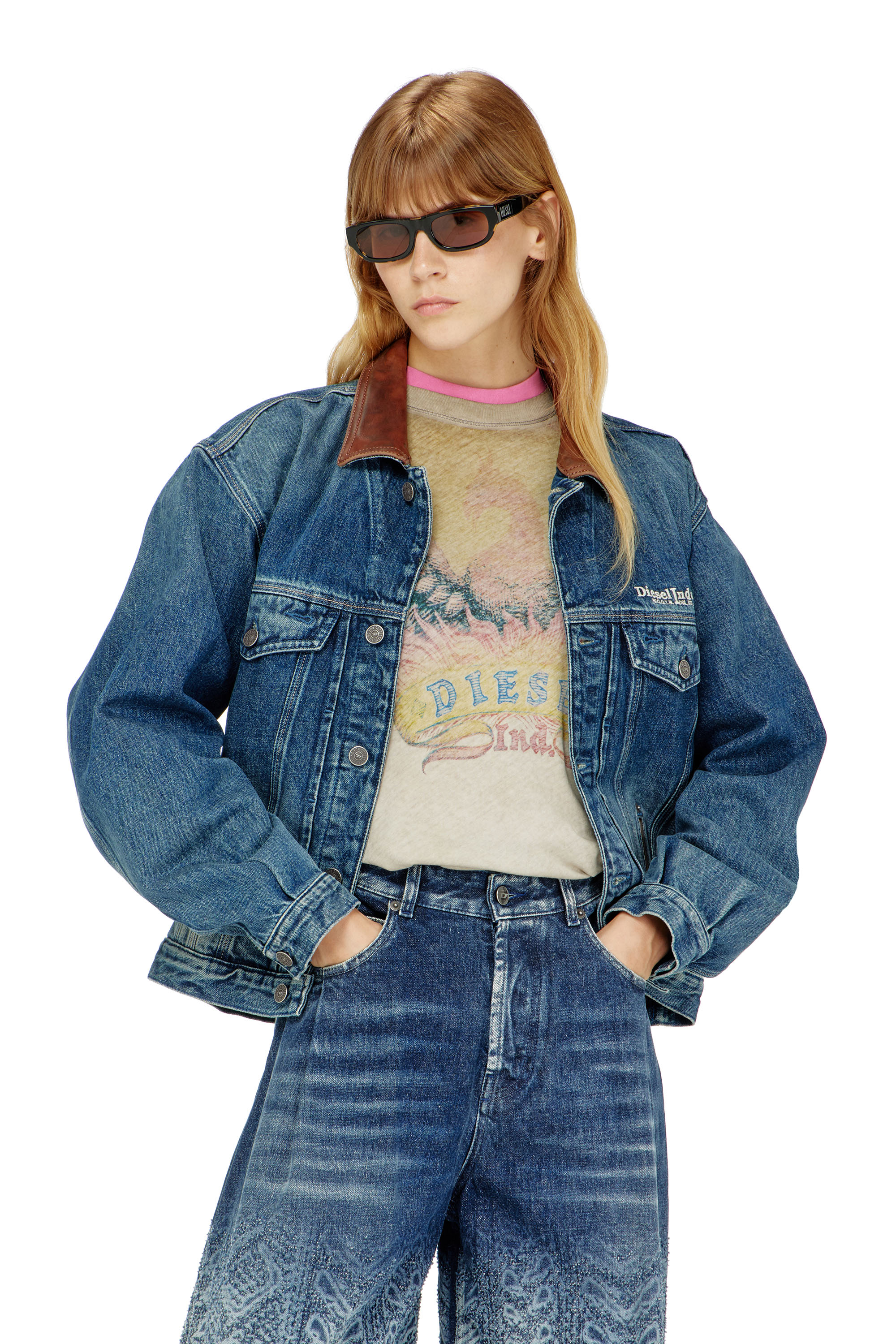 Diesel - D-DENVER-S1, Unisex's Denim trucker jacket with contrast leather trims in Blue - 6