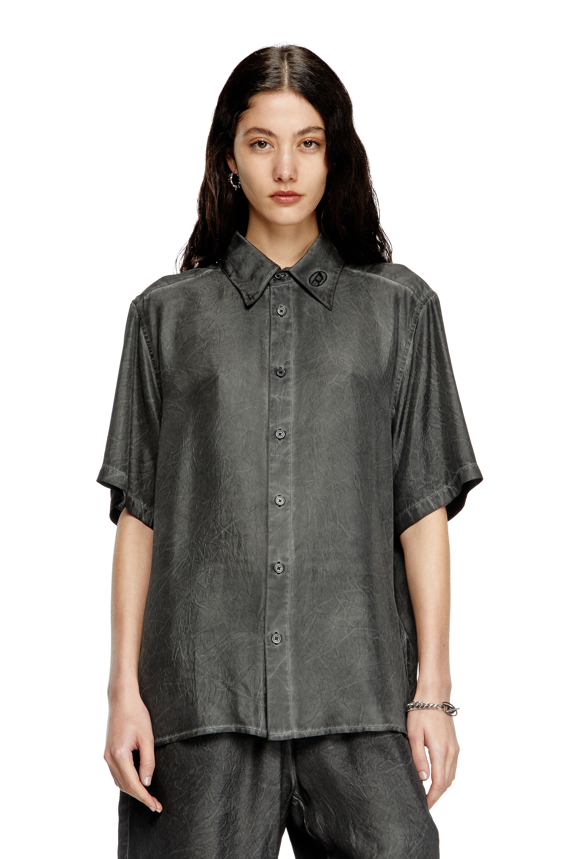 Diesel - S-LEON-SHORT, Unisex's Crinkled short-sleeve shirt with logo collar in Black - 1