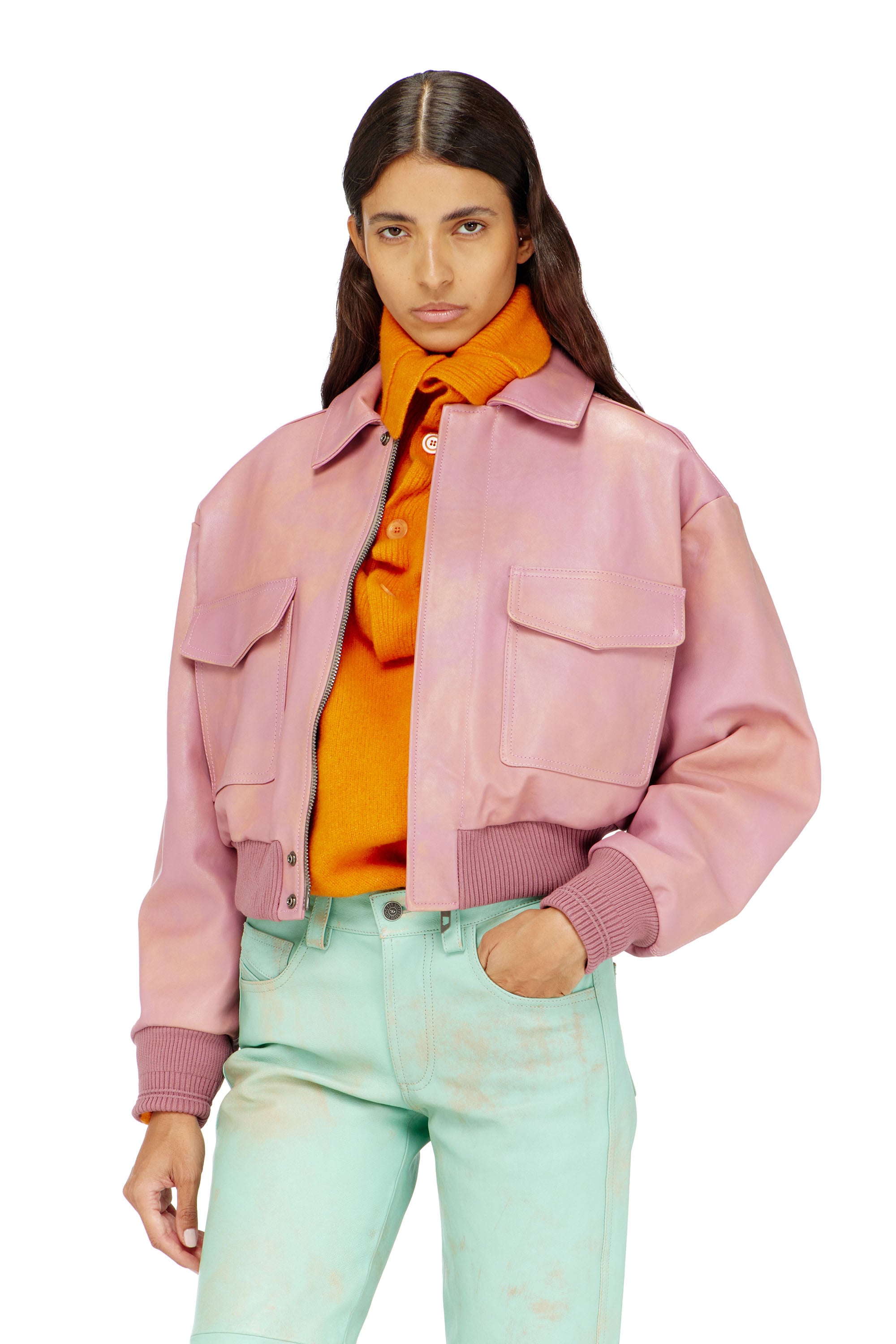 Diesel - L-AVIA, Woman's Aviator jacket in treated leather in Pink - 1