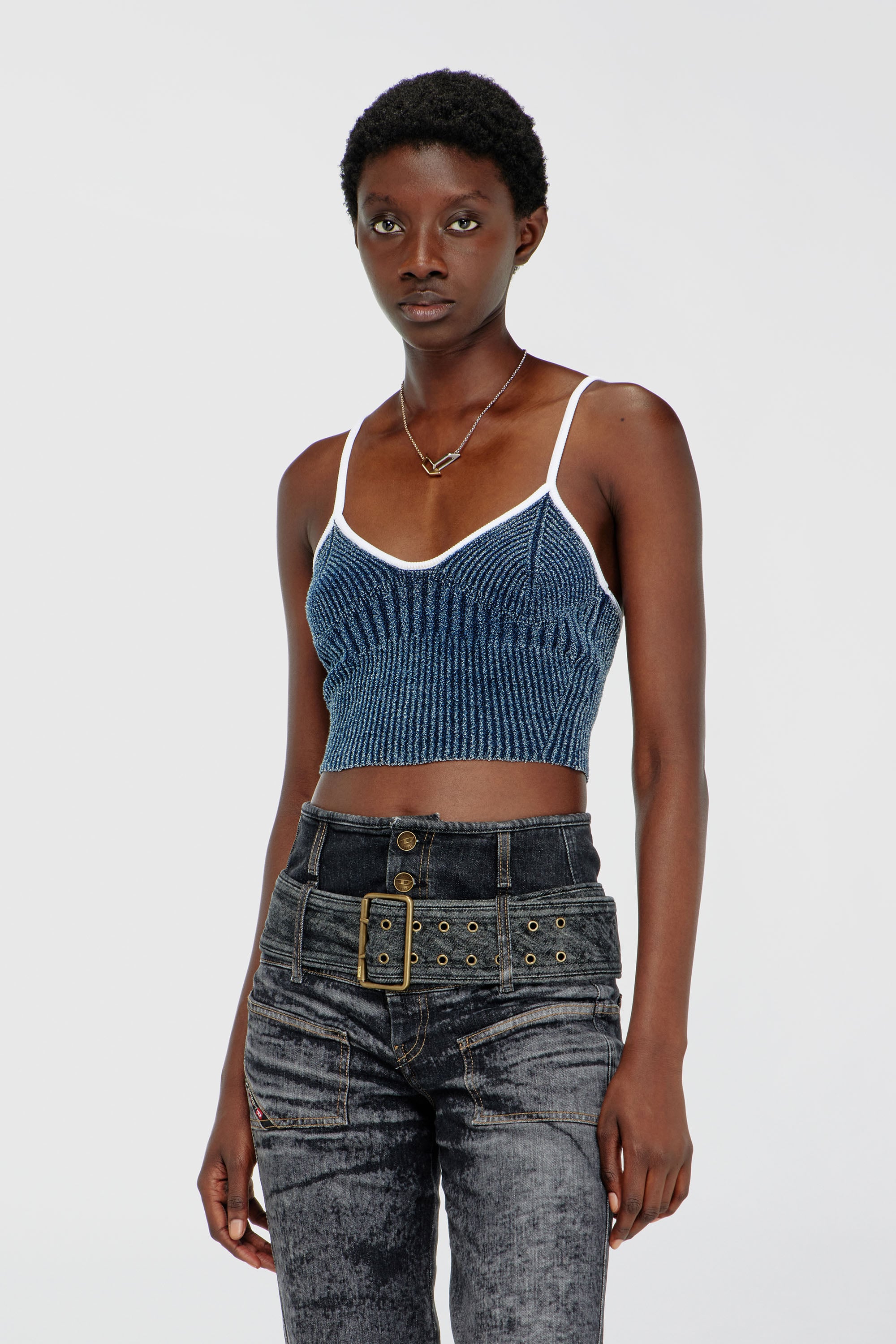 Diesel - M-ESTERE, Woman's Crop top in indigo boucl&eacute; ribbed knit in Blue/White - 1