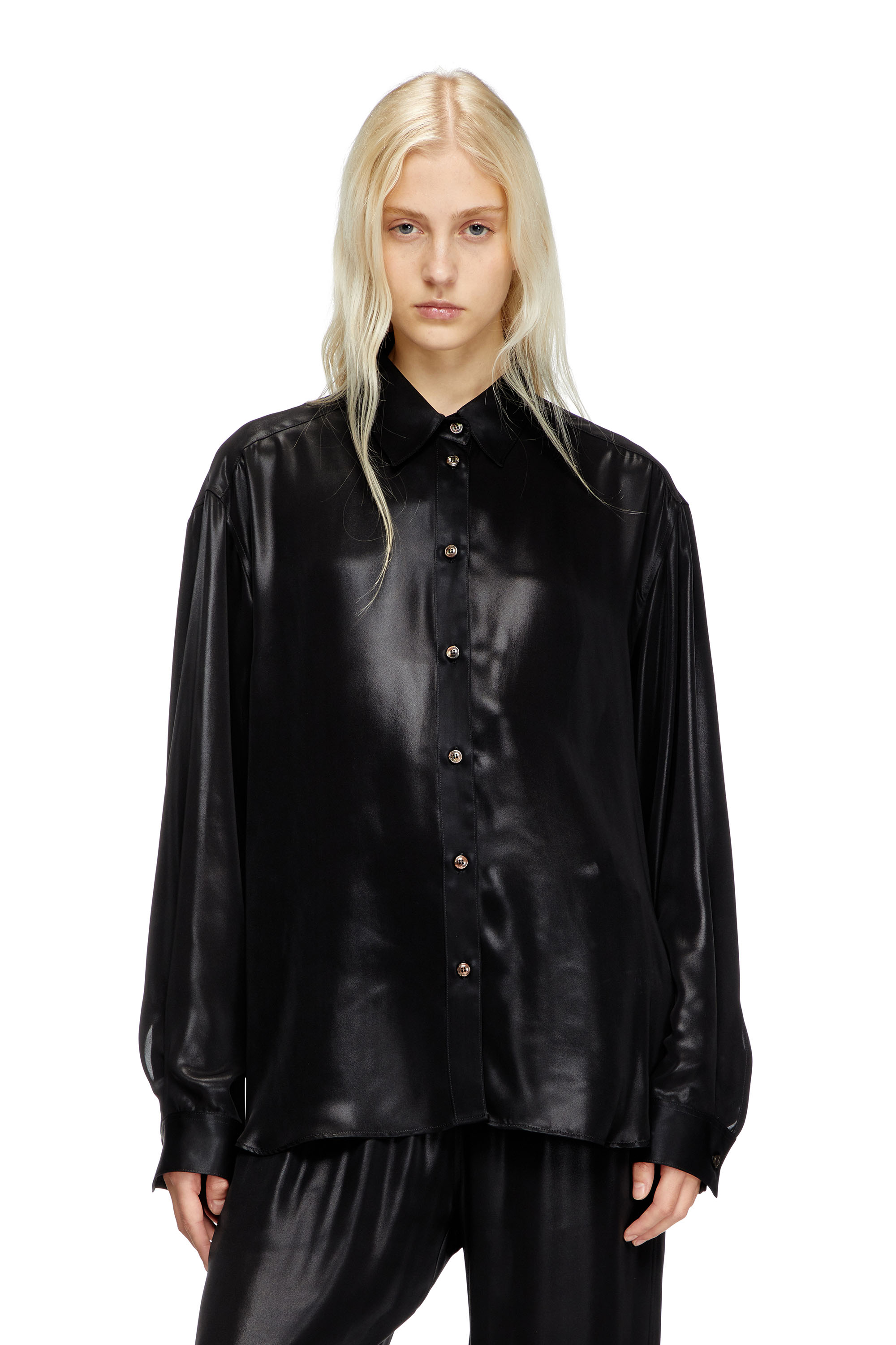 Diesel - S-SIMPLY-C-WN-Q1, Woman's Fluid shirt in laminated fabric in Black - 3