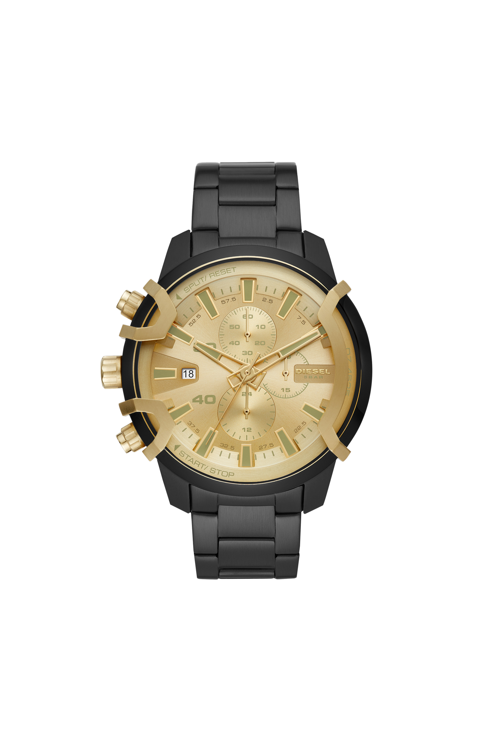 Diesel - DZ4525, Man's Griffed Chronograph Black Stainless Steel Watch in Black/Gold - 1