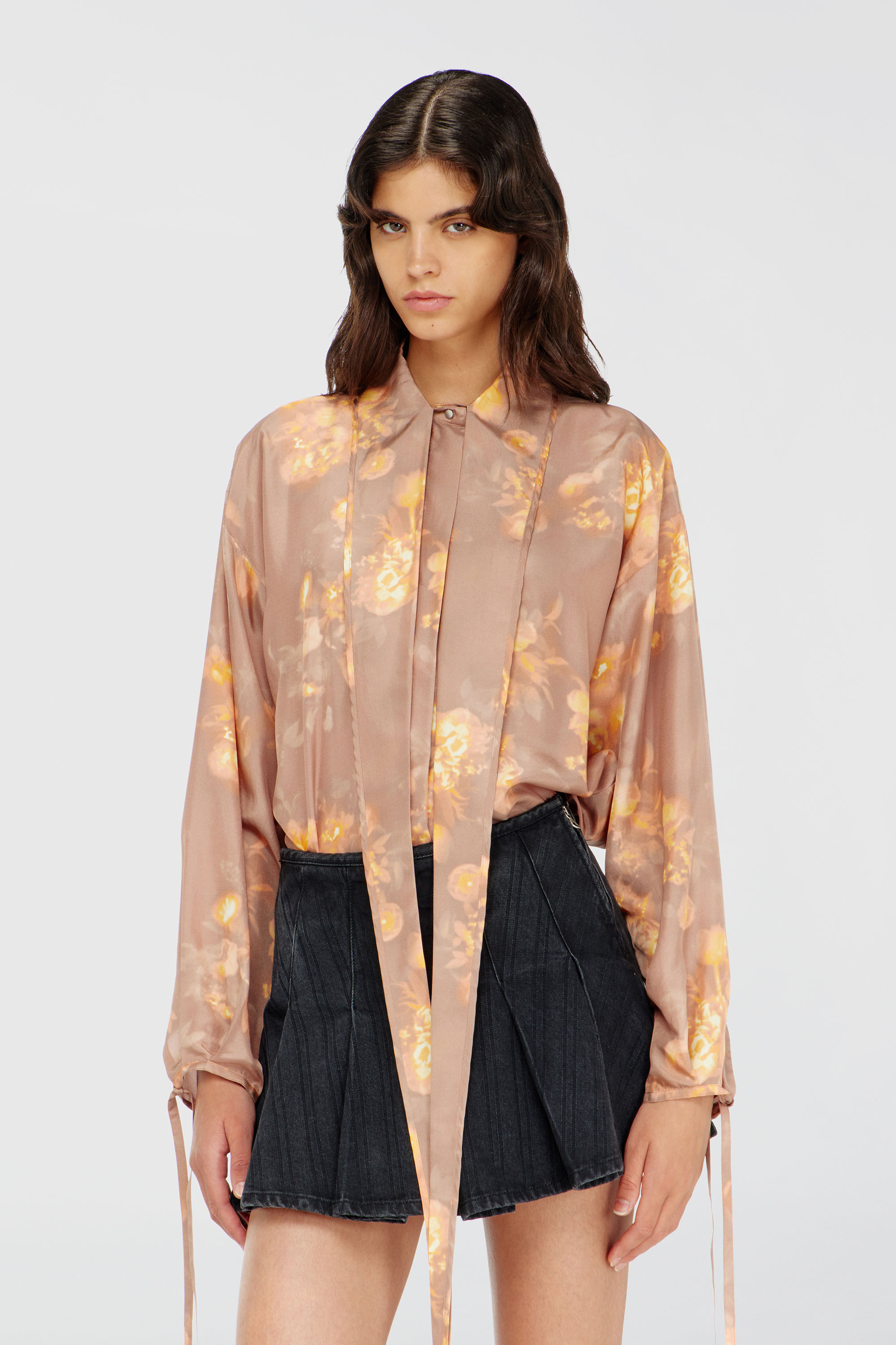 Diesel - C-ALLAS-T1, Woman's Shirt in floral-print habotai silk in Light Brown - 1