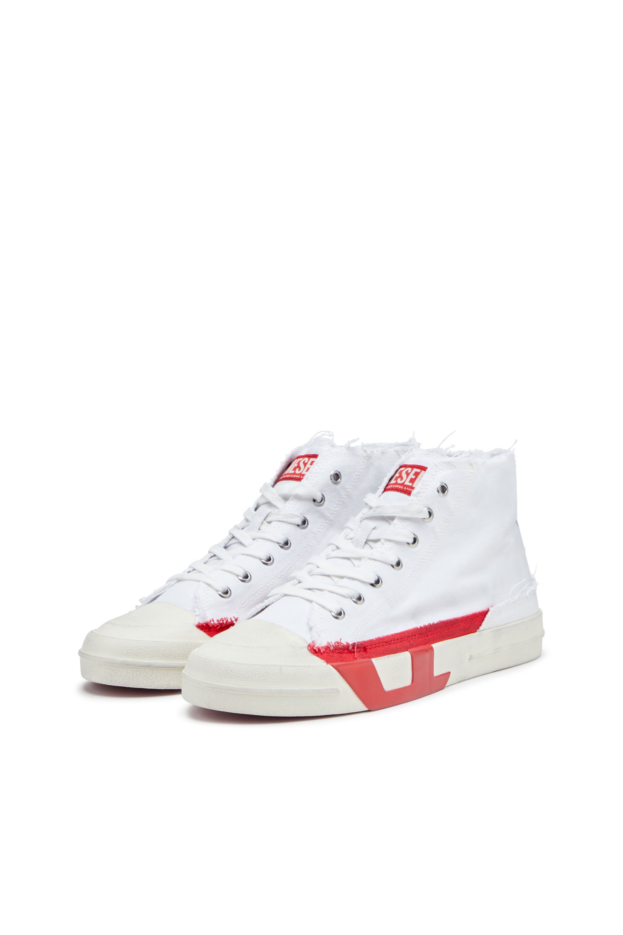 Diesel - S-D-VERSE MID, Man's Dirty-effect high-top canvas sneakers in White/Red - 8